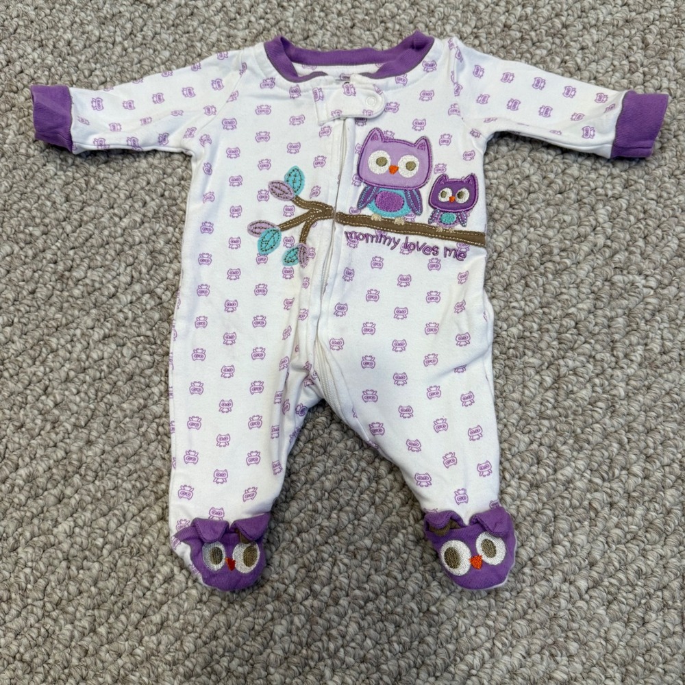 Babies R Us Size‎ Newborn Owl Footed Pajamas Mommy Loves Me Purple White